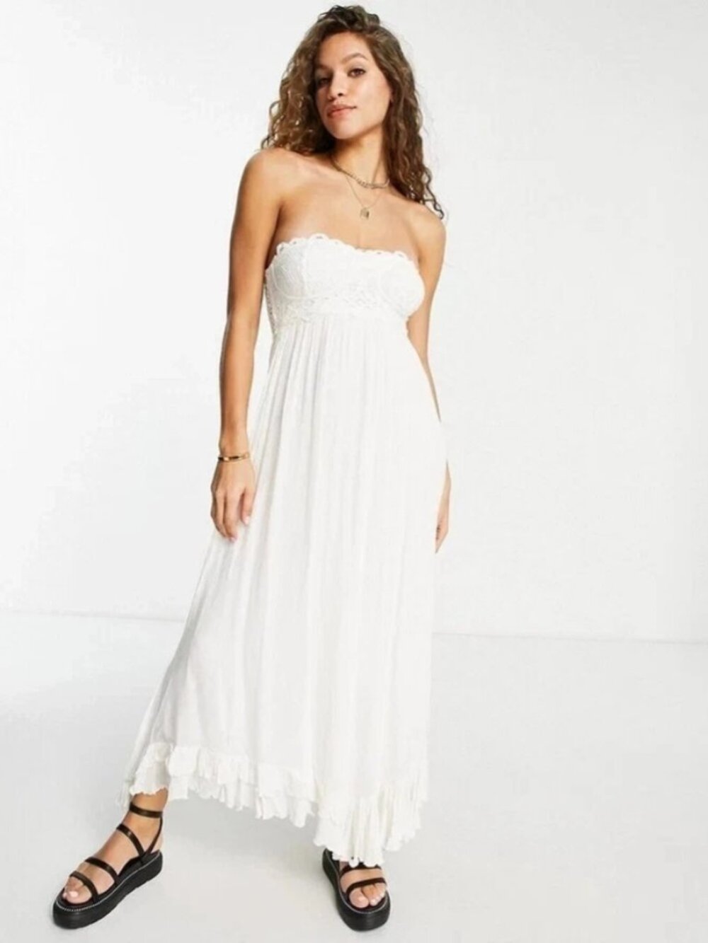 Free People Adella Corset Maxi Dress White Lace Ruffle Smocked S